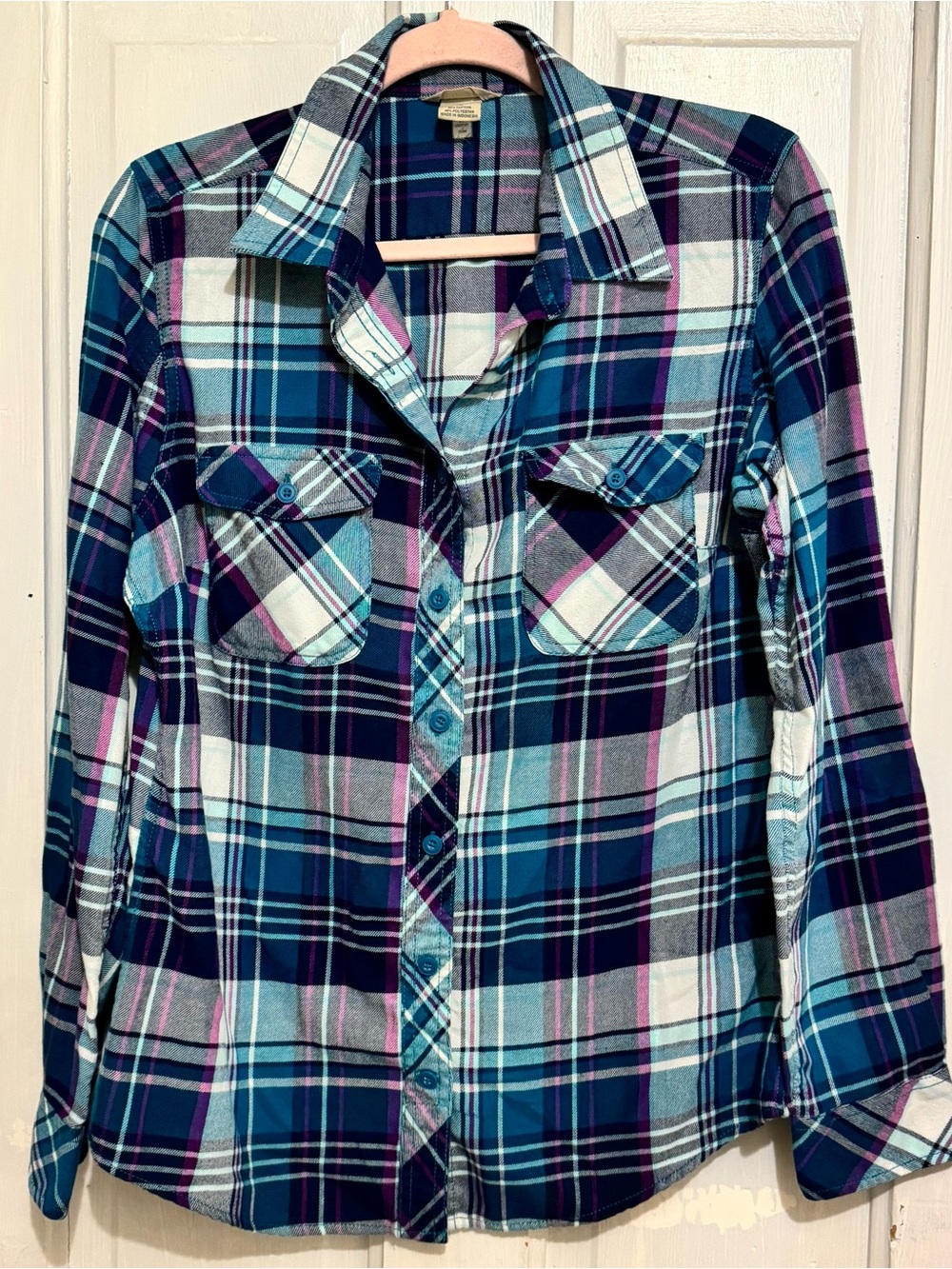 Duluth Trading Co Blue, Purple & White Plaid Button-Down Shirt